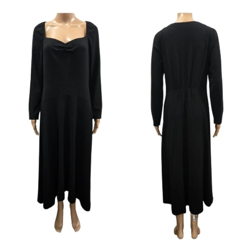 Vince Black Ruched Sweetheart Neck Long Sleeve Flare Midi Dress Size 10 - Picture 6 of 9